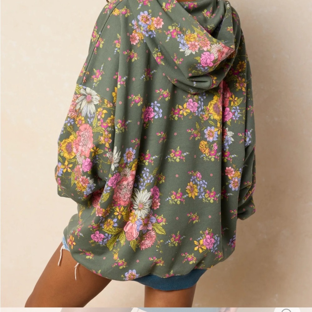 NATURAL LIFE Olive Floral Hooded Sweatshirt with Pink & Yellow Blooms- XL oversi - Picture 8 of 8
